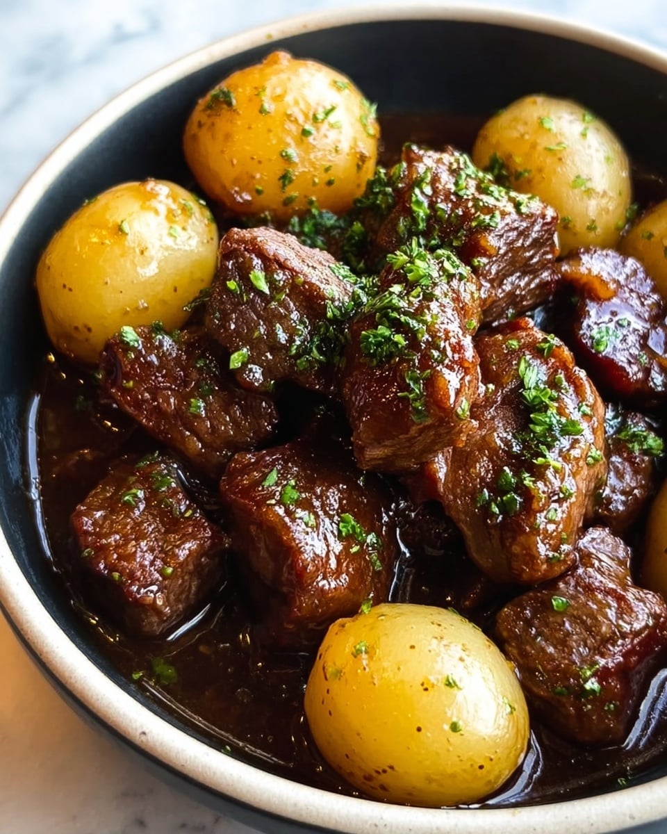 A close-up view of a bowl filled with several chunks of tender brown meat and whole golden baby potatoes. The meat pieces are glazed with a shiny, dark brown sauce and are sprinkled with finely chopped green herbs on top. The sauce pools at the bottom of the bowl, giving a glossy texture to the dish. The bowl is white with a dark interior, placed on a white marbled surface. photo taken with an iphone --ar 4:5 --v 7