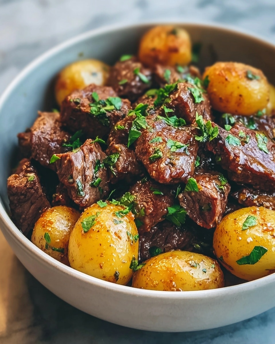 A bowl filled with layers of browned beef chunks and halved golden baby potatoes. The meat is dark brown with a tender texture, while the potatoes have a light yellow inside with a slightly crisp outer skin. Green chopped herbs are sprinkled on top, adding brightness to the dish. The white bowl sits on a white marbled surface, enhancing the warm, earthy colors of the food. photo taken with an iphone --ar 4:5 --v 7