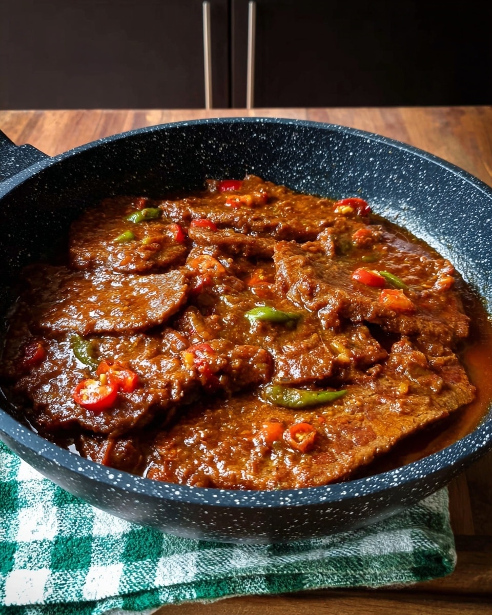 The image shows a black speckled pan filled with several thick, flat pieces of meat covered in a rich, chunky brown sauce. The sauce has visible bits of red and green vegetables, including slices of green pepper and small pieces of tomato. The meat is almost fully submerged in the sauce, which has a glossy texture. The pan sits on a green and white checkered cloth placed on a wooden surface, with a background of dark cabinets. Photo taken with an iphone --ar 4:5 --v 7