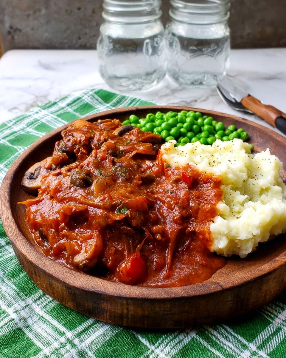 A dark wooden round plate holds a meal with three parts: on the left and middle, there is a thick layer of rich red-brown sauce with visible chunks of mushrooms and small pieces of vegetables, covering two portions of meat. On the right side, there is a creamy mound of white mashed potatoes with a soft texture, partially covered by the sauce. At the back edge of the plate, there is a small pile of bright green peas with a smooth, round shape. The plate is placed on a green and white checkered cloth, with a white marbled background, and two clear glass jars filled with water are seen in the back. photo taken with an iphone --ar 4:5 --v 7
