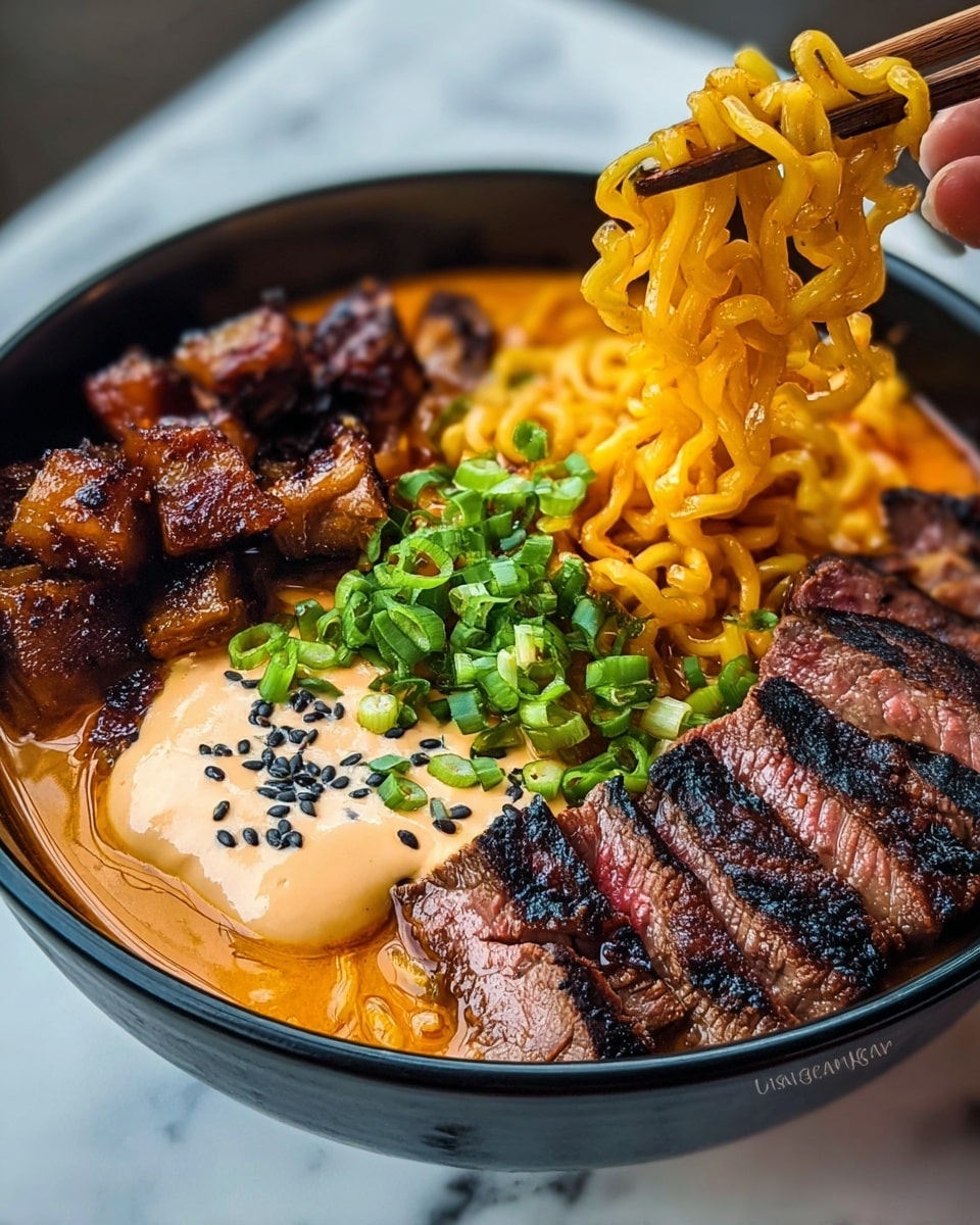 A white bowl filled with three main layers: the bottom layer is yellow, curly noodles in a rich, spicy-looking orange broth on the right side; the middle layer is several slices of grilled, dark brown steak with a glossy, caramelized surface placed in the center; the left side is creamy beige sauce topped with chopped green onions and black sesame seeds; a pair of wooden chopsticks held by a woman's hand lifts some noodles from the bowl; the bowl is placed on a white marbled surface. photo taken with an iphone --ar 4:5 --v 7