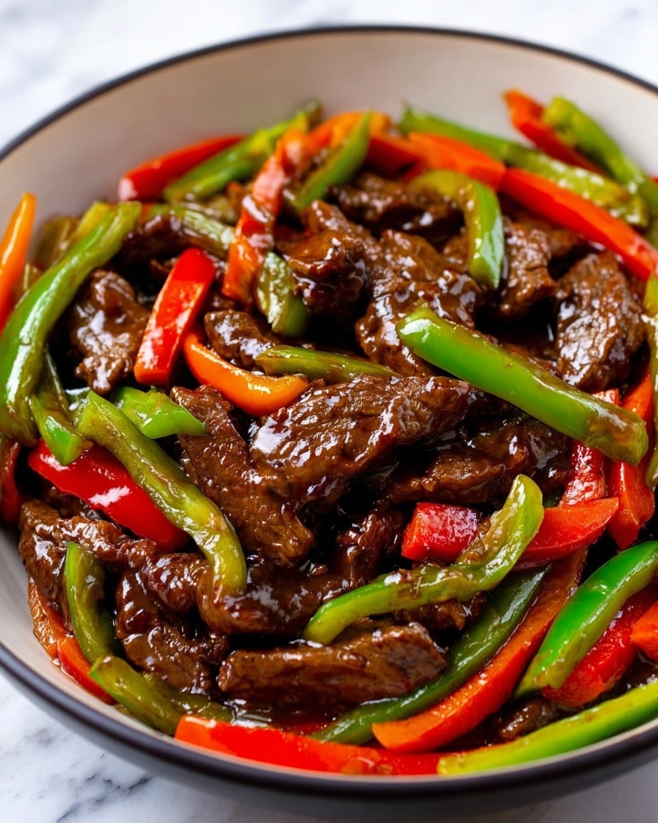 The dish is a stir-fry served in a white bowl with a black rim. It has three main layers: the first layer is glossy dark brown pieces of cooked beef scattered throughout, the second layer consists of long, thin strips of bright red bell peppers, and the third layer features long, thin green bell pepper strips that mix evenly with the red peppers and beef. The sauce covering all the ingredients is shiny with a thick texture, giving the beef and vegetables a coated and moist look. The bowl sits on a white marbled surface. photo taken with an iphone --ar 4:5 --v 7