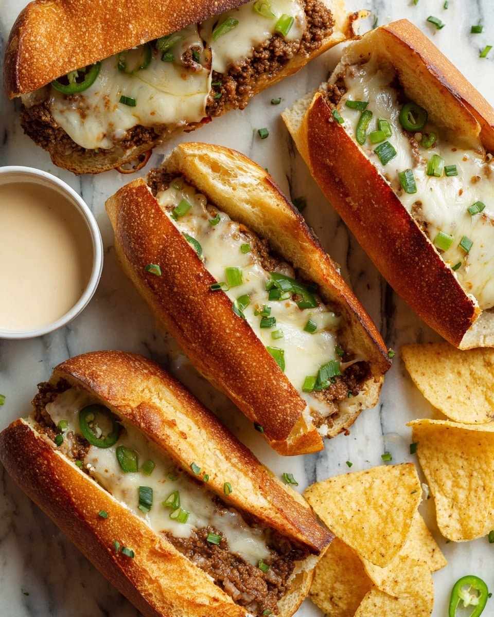 The image shows four toasted sandwich rolls with a crispy golden-brown crust spread out on a white marbled surface. Each sandwich is filled with a rich, browned minced meat layer at the bottom, topped with melted white cheese that curls slightly at the edges, and garnished with small green chive pieces and slices of green jalapeño peppers. Around the sandwiches, there are light yellow tortilla chips scattered and a small white cup filled with creamy light beige sauce. The top side of the sandwiches is slightly lifted, showing the texture and colors of the filling clearly. photo taken with an iphone --ar 4:5 --v 7