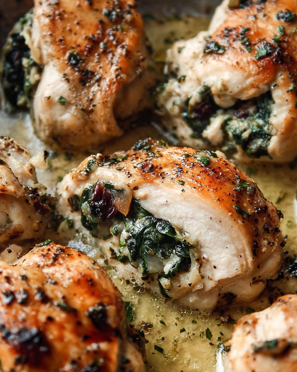 The image shows several pieces of light golden brown chicken with some black pepper and small green herb bits on top. Some chicken pieces are stuffed with a filling made of dark leafy greens and dark red bits, sitting in a bubbling light golden sauce. The chicken has a slightly charred, grilled texture and the filling adds a soft and leafy contrast. The scene is close-up, showing the moist and tender surface of the chicken surrounded by sauce and herbs, all on a white marbled texture. photo taken with an iphone --ar 4:5 --v 7