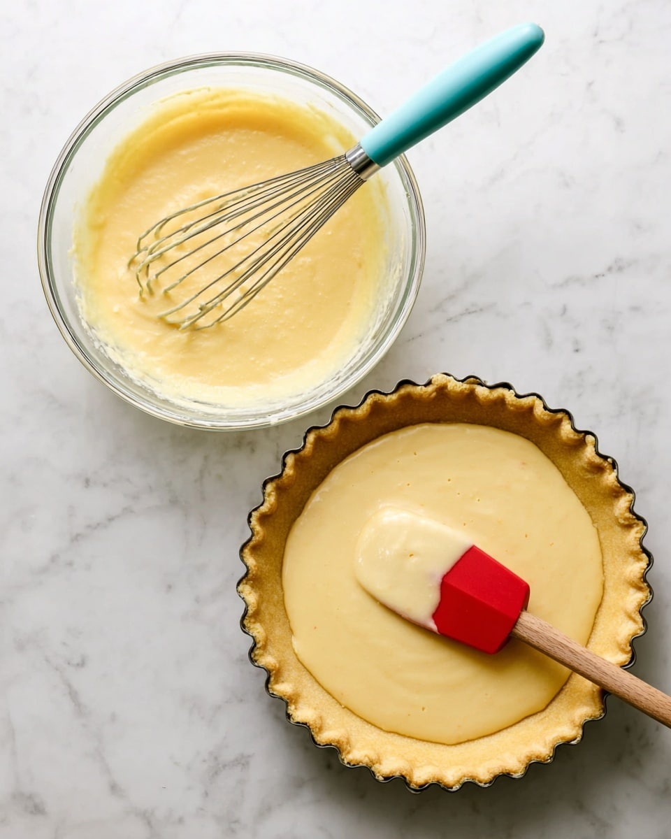 The image shows two pictures side by side on a white marbled surface. On the left, there is a clear glass mixing bowl filled with a smooth light yellow batter, with a metal whisk that has a turquoise handle resting in it. On the right, there is a round pie pan with fluted edges filled with the same light yellow batter being spread evenly inside it using a red and wooden spatula. The batter looks creamy with a few small air bubbles, and the pie crust is golden brown, holding the batter neatly inside. Photo taken with an iphone --ar 4:5 --v 7