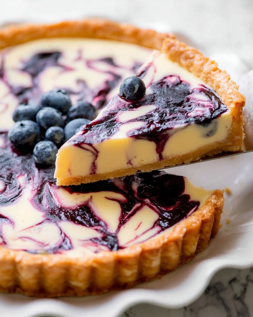 A round tart with a golden-brown crust holds a smooth creamy yellow custard layer as its base. On top, a dark purple blueberry sauce is swirled artistically across the custard, creating a marbled effect. Scattered throughout the top layer, fresh whole blueberries add texture and color contrast. Two lemon wedges are placed on the edge of the tart in the white ceramic dish with a scalloped rim. The dish sits on a white marbled surface next to a small white bowl containing more lemon wedges and a purple cloth with a subtle floral pattern. Photo taken with an iphone --ar 4:5 --v 7