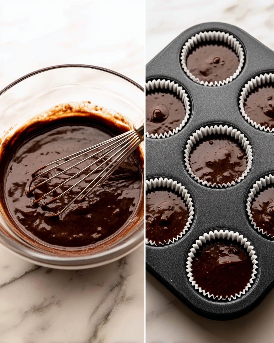 The image shows two parts: on the left, a clear glass bowl filled with thick, dark brown chocolate batter with a metal whisk resting inside it, sitting on a white marbled surface; on the right, a black muffin tray with six white paper liners, each filled with the same dark chocolate batter, also placed on a white marbled surface; the batter looks smooth with some small air bubbles on top, and the setup is bright with soft shadows, photo taken with an iphone --ar 4:5 --v 7