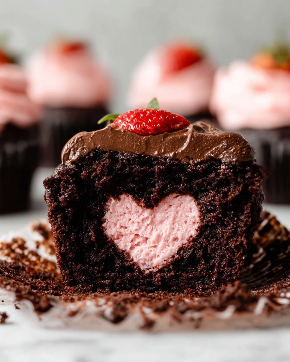 A close-up of a chocolate cupcake cut in half, showing three layers: a dark chocolate outer cake layer with a rough texture, a pink creamy heart-shaped filling in the center, and a smooth, thick dark chocolate frosting layer on top. A small red strawberry half sits on top of the frosting. The cupcake rests on a white marbled surface with chocolate crumbs scattered around. In the blurry background, more cupcakes with similar frosting and strawberry decoration are visible. photo taken with an iphone --ar 4:5 --v 7
