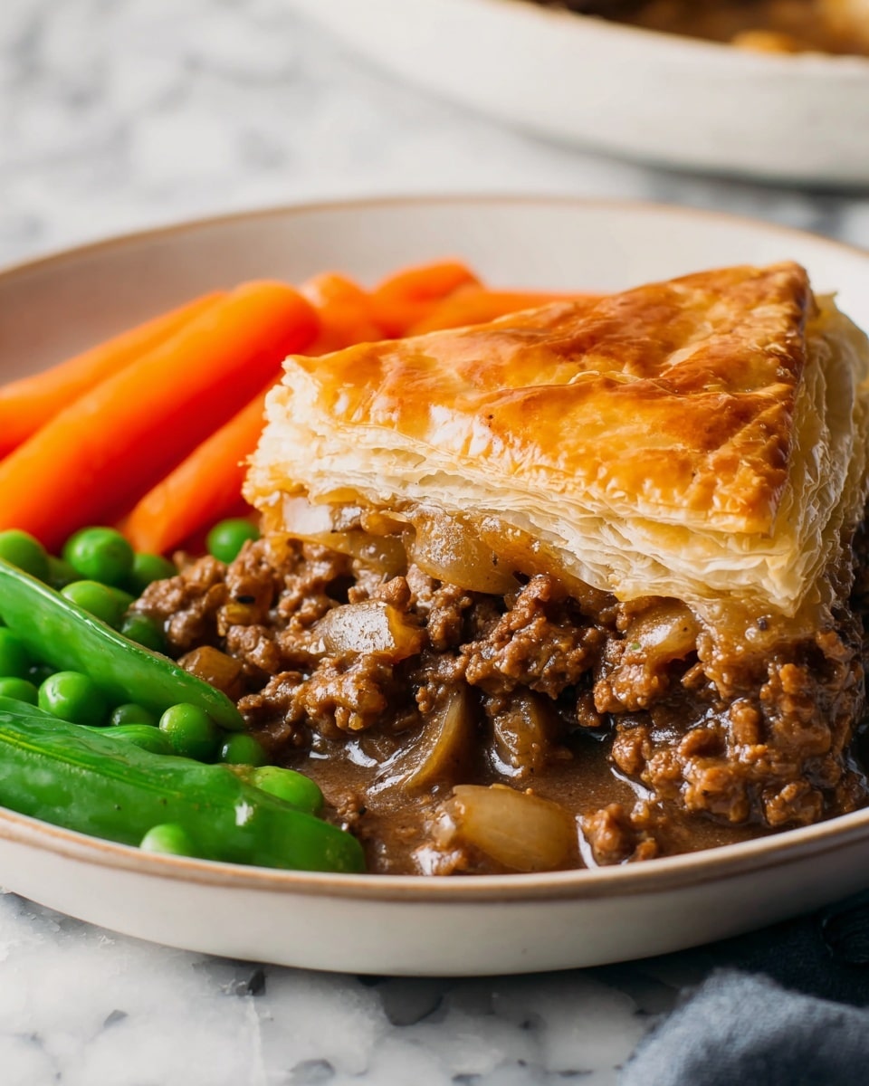 On a white plate with a white marbled surface background, there is a layered dish with one thick, golden-brown puff pastry layer on top. Below the pastry, there is a thick layer of cooked ground meat mixed with a dark brown gravy and visible small chunks of onions. To the left side of the plate, there are bright orange sliced carrots and fresh green snap peas, adding fresh colors to the dish. The puff pastry has a crisp and flaky texture while the meat looks tender and juicy. The photo taken with an iphone --ar 4:5 --v 7