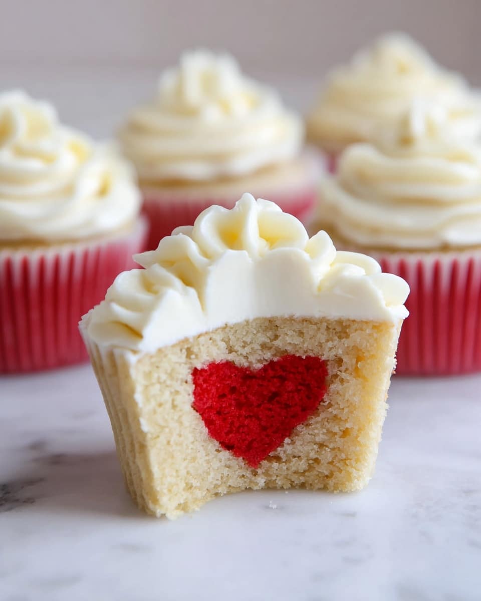 The image shows a close-up of a cupcake sliced in half, revealing three layers. The bottom layer is light beige sponge cake with a bright red heart shape embedded inside. Above the cake is a thick layer of white creamy frosting, smoothly spread. Swirled on top is a thick, white, fluffy frosting with soft, rounded swirls. In the background, there are whole cupcakes in white cupcake liners topped with the same white frosting, all set on a white marbled surface. photo taken with an iphone --ar 4:5 --v 7