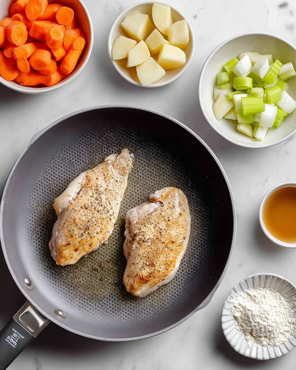 Two pieces of cooked chicken with light seasoning of black pepper lay side by side in a dark gray frying pan with a honeycomb texture. Surrounding the pan on a white marbled surface are small white bowls holding bright orange carrot slices, light green celery sticks, light yellow quartered potatoes, white chopped onions, a light brown liquid broth, a small pile of white flour on a scalloped dish, and a pinch of salt. The whole image has a clean and organized feel, showing ingredients ready for cooking photo taken with an iphone --ar 4:5 --v 7