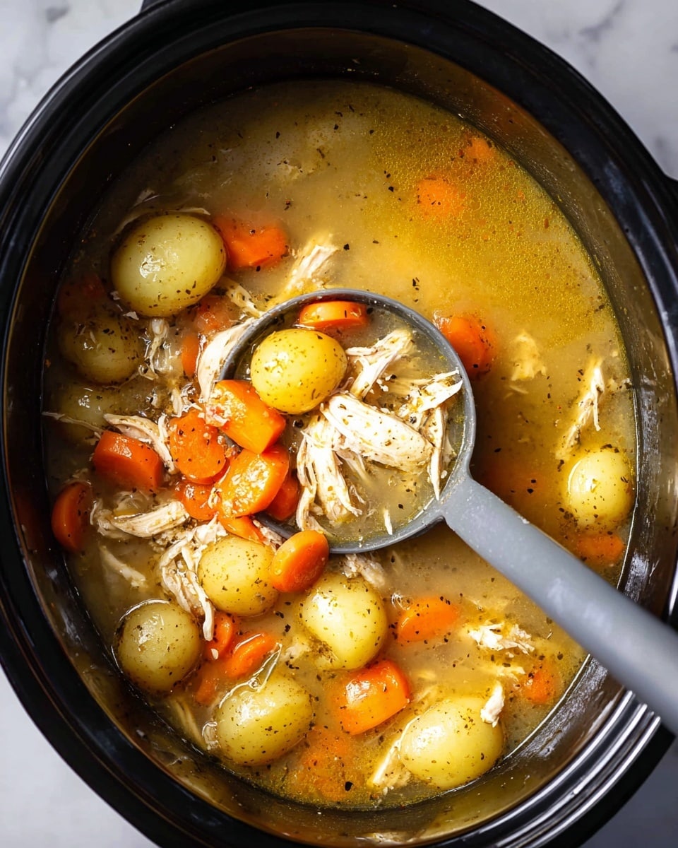 The dish is a thick stew inside a black pot with a dark gray ladle scooping some of it. The stew has three main layers: a lower layer of light golden broth mixed with tiny black seasoning flakes, a middle layer with whole small round yellow potatoes and sliced bright orange carrots, and an upper layer with shredded white chicken pieces scattered on top. The stew looks soft with a mix of smooth broth and chunky vegetables spread evenly. The pot sits on a white marbled surface. photo taken with an iphone --ar 4:5 --v 7