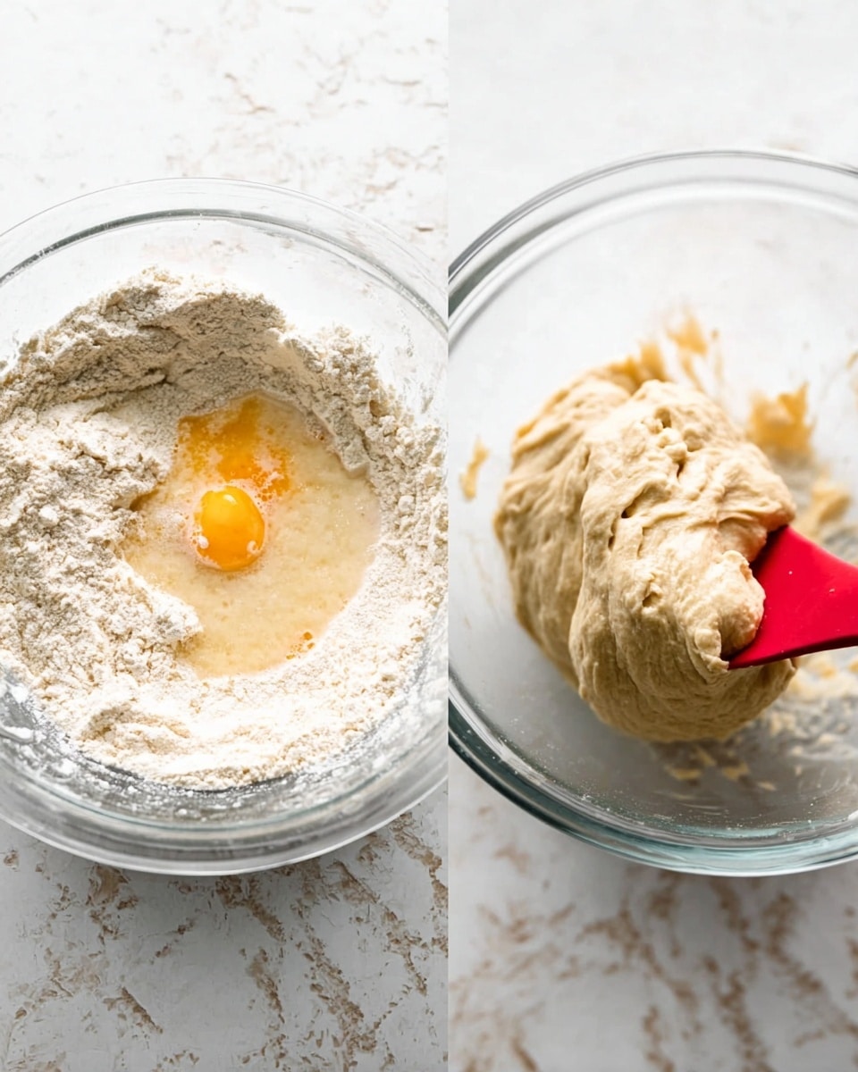 The image shows two clear glass bowls on a white marbled surface. The bowl on the left contains unmixed ingredients with a layer of white flour covering most of the bowl, a visible yellow egg yolk in the middle surrounded by some foamy liquid, giving a light beige color contrast. The bowl on the right has a thick, pale beige dough with a smooth texture, held slightly by a red spatula resting inside the bowl. The overall feel is of a baking process in progress with clear contrasts between dry and mixed dough states photo taken with an iphone --ar 4:5 --v 7