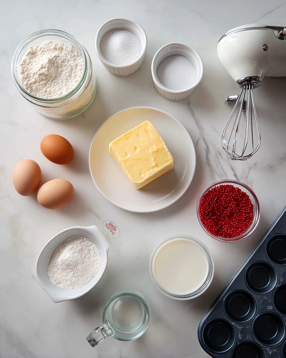The image shows baking ingredients arranged on a white marbled surface. At the top left, there is a glass jar filled with white flour above two small white bowls containing white sugar and salt. To the right is a white electric hand mixer with metal beaters attached. In the center sits a white plate holding a neat block of yellow butter. Below it, there are three eggs in different shades of brown and white. To the right of the eggs is a small white bowl filled with bright red sprinkles. A clear glass cup containing some milk sits just above the sprinkles. Near the bottom center is a glass container with powdered sugar. At the bottom left, there’s a white measuring cup. On the bottom right side, the edge of a dark muffin tray with white liners is visible. photo taken with an iphone --ar 4:5 --v 7