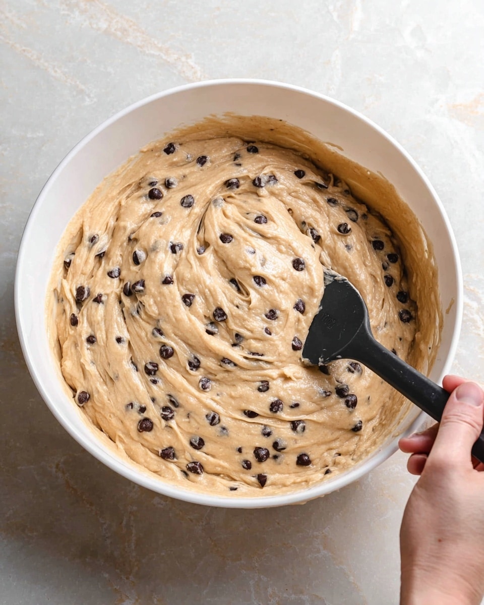 A close-up top view of a white bowl filled with thick, light brown batter mixed with many small dark chocolate chips evenly spread throughout. A black spatula is dipped into the batter, held by a woman's hand at the bottom of the frame. The bowl sits on a white marbled surface. The batter has a smooth, creamy texture with slight swirls from mixing. Photo taken with an iphone --ar 4:5 --v 7