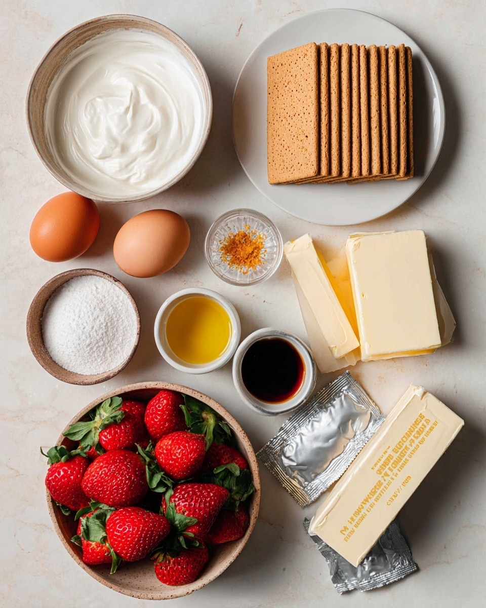 The image shows a flat lay of baking ingredients on a white marbled surface. In the top right, there is a white plate with five rectangular graham crackers stacked neatly, beside two small bowls—one with dark vanilla extract and the other with bright orange zest. Below this, a brown bowl is filled with fresh, red strawberries with green leaves. To the left, two brown eggs sit near a round white bowl filled with smooth white cream and a shallow white bowl with a small amount of yellow liquid, likely oil. Next to these is a speckled white bowl full of granulated sugar. Above the eggs, there are three opened silver foil packets with creamy white blocks of cream cheese on a white marbled surface. A rectangular stick of butter with measurements printed on the wrapper lies beside the packets. Photo taken with an iphone --ar 4:5 --v 7