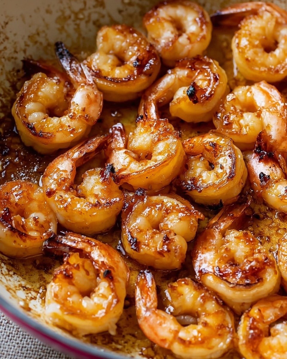 The image shows a close-up of many cooked shrimp in a pan. The shrimp are golden brown with some darker caramelized spots, showing a shiny, slightly oily texture. Each shrimp is curled, with their tails intact and some slightly open. The pan has a white marbled texture with light brown spots from cooking. The shrimp fill the pan evenly, creating a warm and appetizing look. Photo taken with an iphone --ar 4:5 --v 7