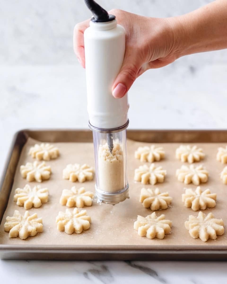 The image shows a close-up of a woman's hand holding a white cookie press with a clear middle section filled with dough. The cookie press is being used over a metal baking sheet lined with parchment paper. On the parchment paper, there are multiple evenly spaced, light beige flower-shaped cookie dough pieces neatly placed in rows. The background is a white marbled texture. Photo taken with an iphone --ar 4:5 --v 7