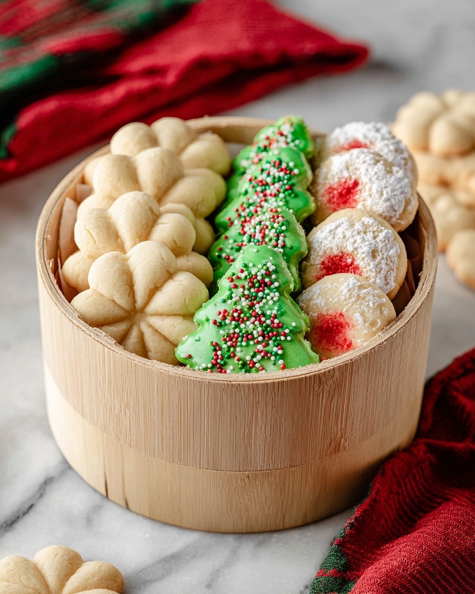 A round wooden box filled with three types of cookies arranged in three layers. The first layer on the left shows light beige flower-shaped cookies with a smooth texture. The middle layer contains bright green Christmas tree-shaped cookies decorated with red, white, and green sprinkles. The right layer has light beige flower-shaped cookies with a red center and some light beige round cookies dusted with powdered sugar at the back. The box sits on a white marbled surface with a red and green cloth blurred in the background. Photo taken with an iphone --ar 4:5 --v 7