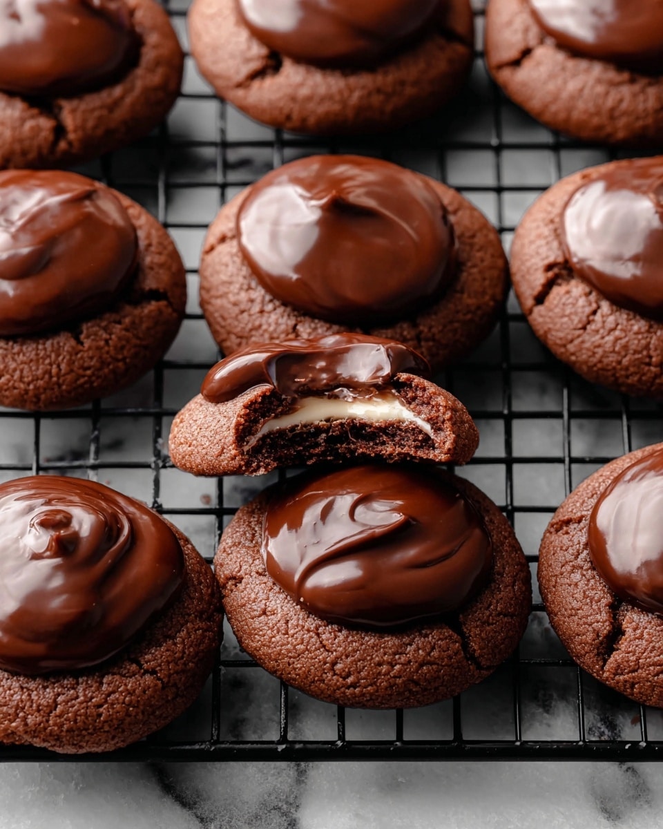 A group of round chocolate cookies with a glossy, smooth dollop of dark chocolate on top are arranged on a black cooling rack. Each cookie is a rich brown color with a slightly cracked surface, showing a soft texture inside. One cookie in the middle has a bite taken out of it, revealing a light, creamy filling inside and a thick chocolate layer on top. The background is a white marbled texture that contrasts with the dark cookies and rack. Photo taken with an iphone --ar 4:5 --v 7