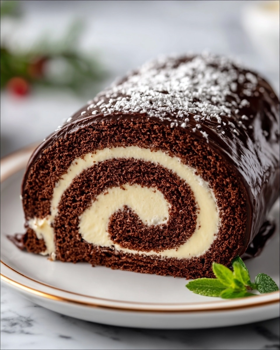 The image shows a chocolate roll cake sliced to show four layers: a dark brown chocolate sponge cake rolled with a thick, creamy white filling swirled evenly from center to outside. The cake is coated with a shiny chocolate glaze on top with white powdered sugar sprinkled all over it. The roll sits on a white plate with a gold rim, placed on a white marbled surface. A small green leaf garnish is on the plate near the cake slice. Photo taken with an iphone --ar 4:5 --v 7
