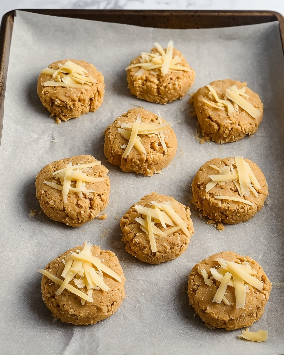 There are eight round dough pieces arranged in two rows on parchment paper in a baking tray. Each piece is light brown with a rough, cracked texture and topped with thin pale yellow cheese shreds scattered in small piles. The dough pieces are evenly spaced and have a slightly raised, uneven surface, showing a homemade feel. The background is a white marbled textured surface. Photo taken with an iphone --ar 4:5 --v 7