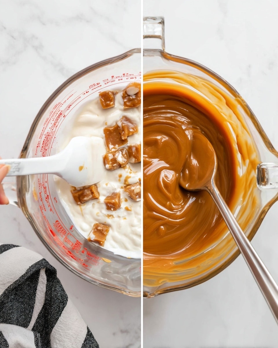The image shows a clear glass measuring cup on a white marbled surface, divided into two vertical halves. On the left side, the cup contains white cream with pieces of light brown caramel scattered on top, and a woman's hand holding a white spatula partially covered in caramel is seen above. On the right side, the cup holds smooth, thick caramel sauce swirling inside with a silver spoon resting in it. The measuring cup has red measurement markings and a handle on the left side, placed next to a black and white striped cloth on the white marbled surface. photo taken with an iphone --ar 4:5 --v 7