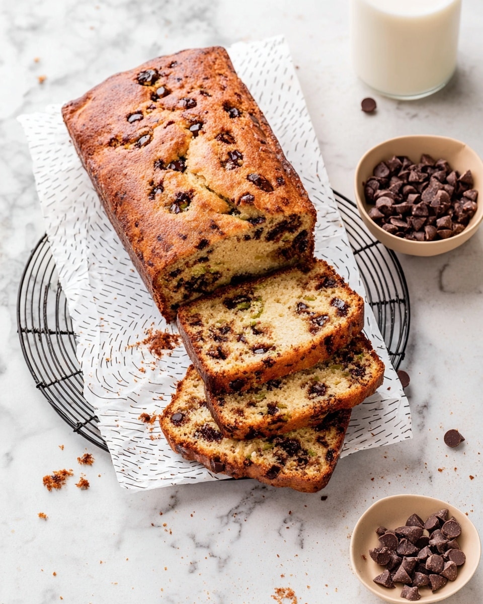 A loaf of chocolate chip bread with a golden brown crust lies partly on white round parchment paper with thin black circles, which is placed on a black cooling rack over a white marbled surface; four thick slices are cut from the loaf, showing a light brown inside studded generously with dark chocolate chips and tiny green specks; a small beige bowl filled with dark chocolate chips sits on the surface nearby, along with a few scattered chips and crumbs; a glass of milk and a white container are partially visible at the edges of the frame. photo taken with an iphone --ar 4:5 --v 7