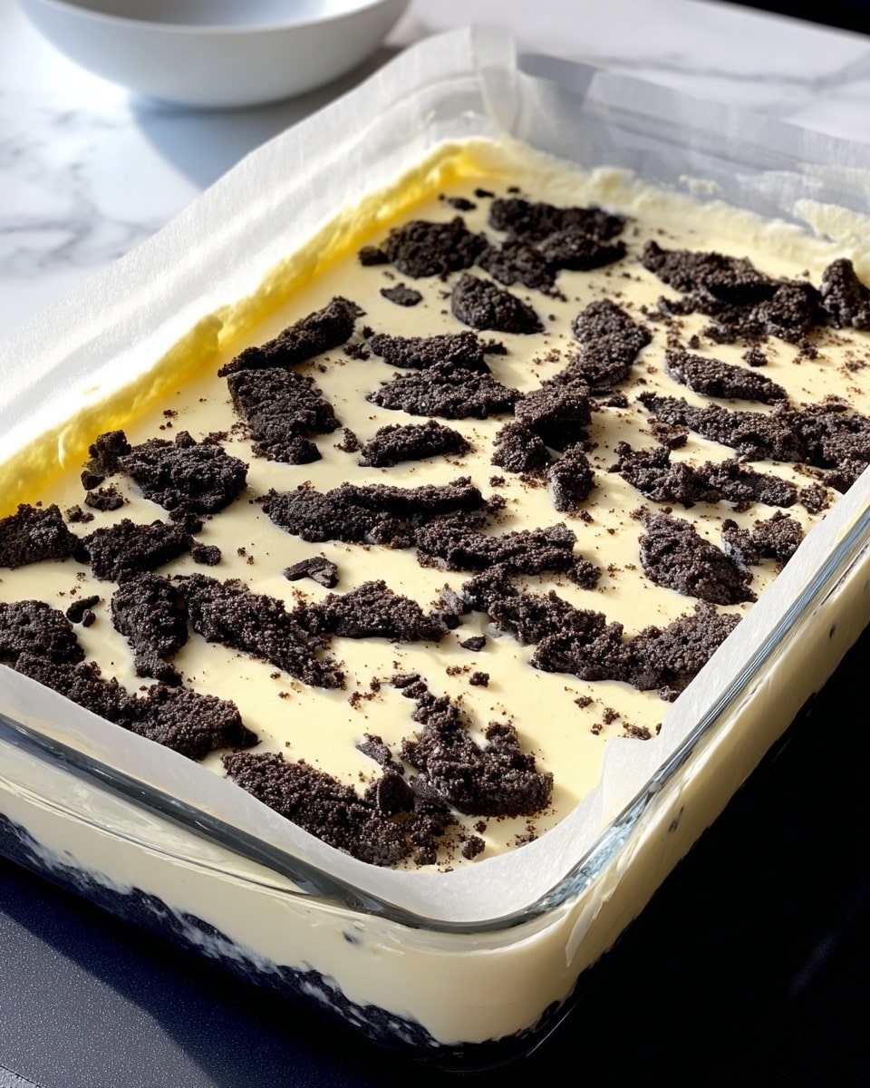 A rectangular glass baking dish lined with parchment paper holds a dessert with two layers: the bottom layer is a smooth, creamy pale yellow base, and the top layer consists of scattered, uneven dark brown chunks resembling chocolate or cookie bits. The dessert appears soft and uncooked, filling the dish close to the edges. The dish sits on a surface with a white marbled texture, and a white bowl is blurred in the background. photo taken with an iphone --ar 4:5 --v 7