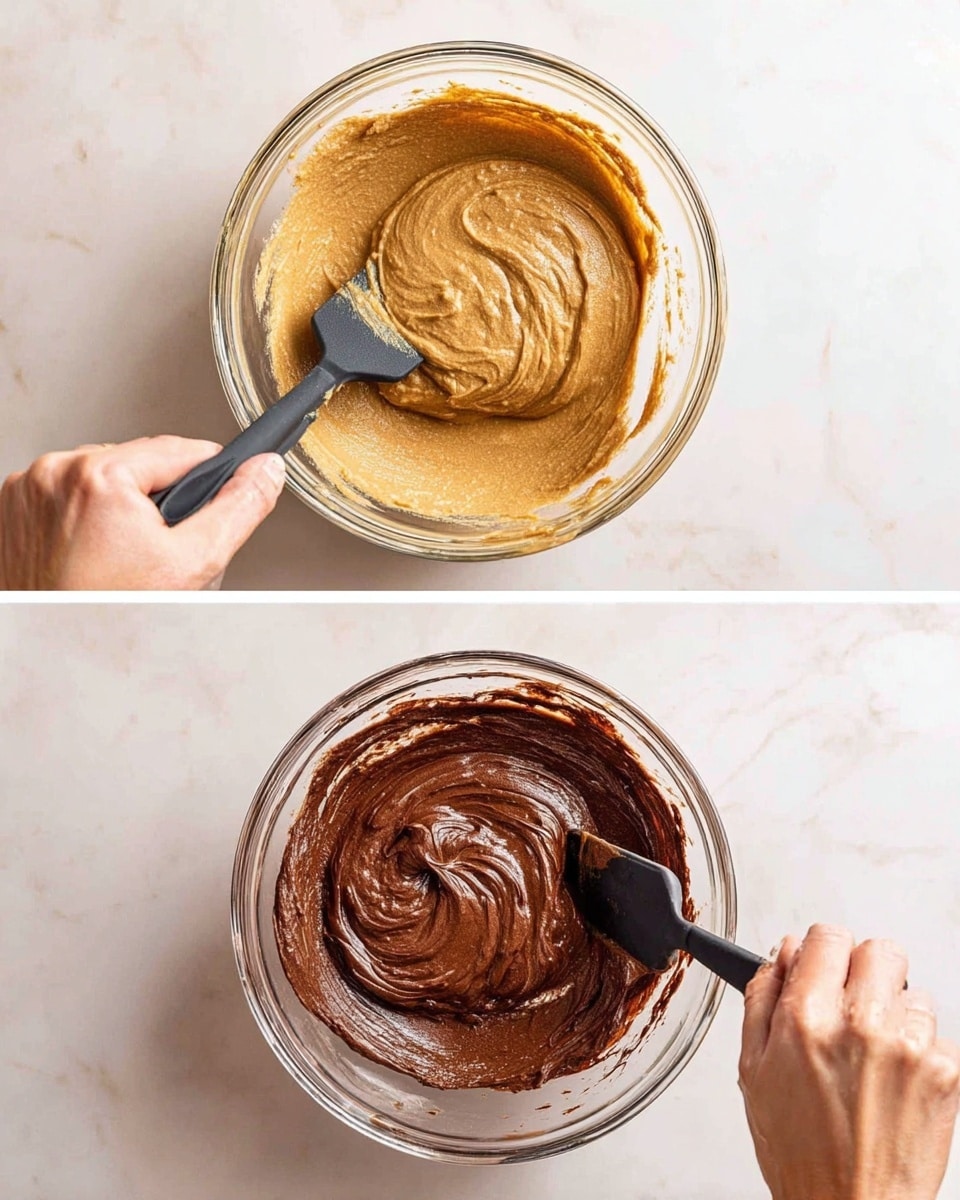 The image shows two clear glass bowls on a white marbled surface, each with a different thick batter inside. The first bowl holds a smooth, light brown batter with a dense, creamy texture, being stirred by a woman's hand holding a black spatula on the left side. The second bowl contains a darker, rich chocolate batter with a glossy finish, also being mixed with a black spatula held by a woman's hand, visible from the bottom right corner. Both bowls have batter spread along the sides with slight swirling marks. Photo taken with an iphone --ar 4:5 --v 7