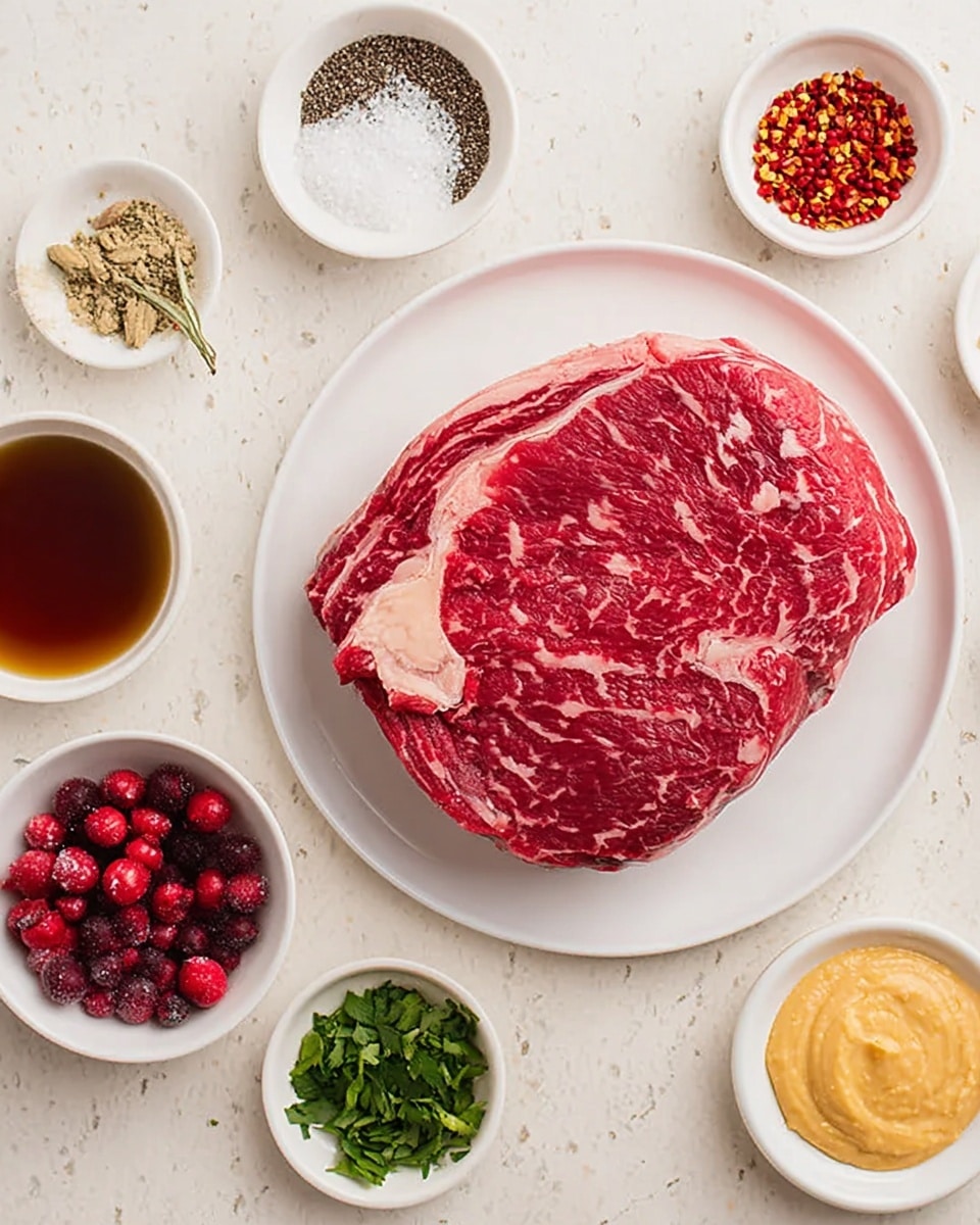 A large piece of raw marbled red meat with white fat sits in the center of a white plate. Around this plate, there are seven small white bowls with different ingredients: a bowl with dark brown liquid to the bottom left, a bowl with coarse salt in the bottom center, a bowl with black pepper in the upper left, a bowl with yellow creamy liquid near the top center, a bowl with green fresh herbs just right of the top center, a bowl with red frozen berries to the upper right, a bowl with light tan thick paste to the right center, and a bowl with red chili flakes at the bottom right. All items are placed on a white marbled surface. photo taken with an iphone --ar 4:5 --v 7