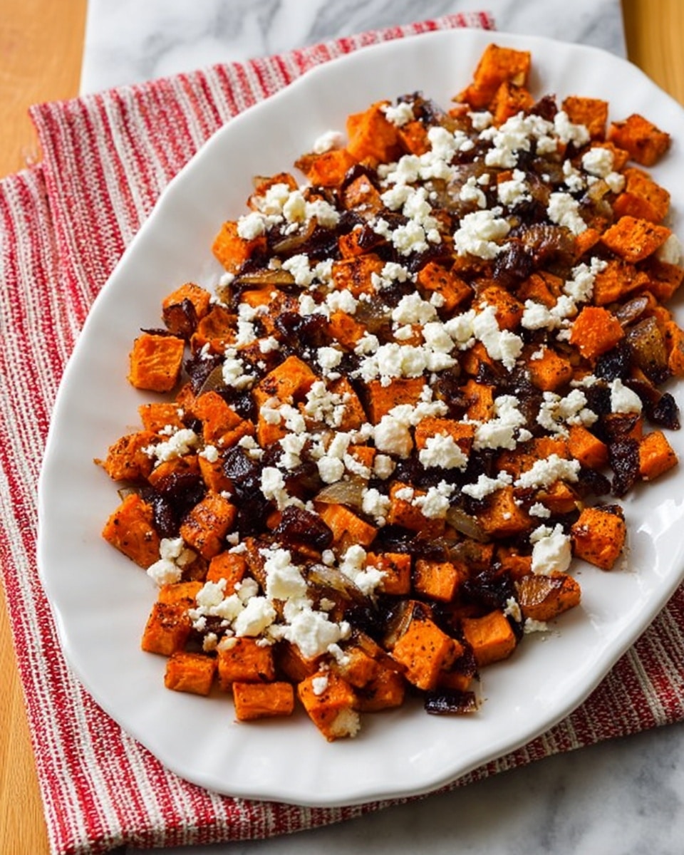 A white oval plate filled with a layer of small, roasted bright orange sweet potato cubes mixed with dark brown caramelized onions scattered evenly on top. Crumbled white cheese is sprinkled over the roasted vegetables, creating a contrasting texture with soft and slightly crumbly pieces. The plate sits on a red and white striped cloth, all placed on a white marbled textured surface. Photo taken with an iphone --ar 4:5 --v 7
