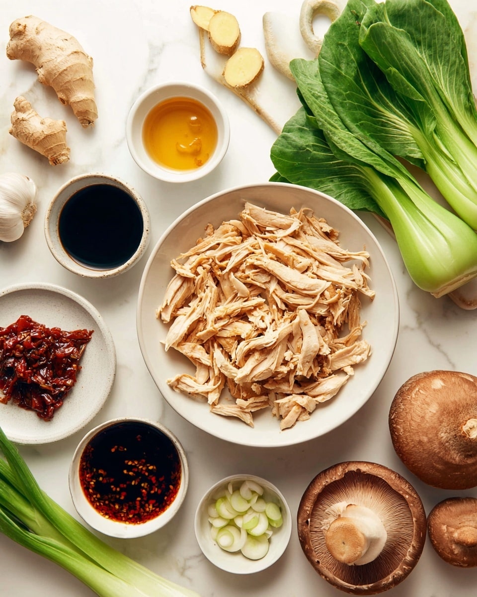 The image shows a white deep dish filled with shredded light brown chicken in the center. Around it, there are several small white bowls and plates with ingredients: a white bowl with a dark soy sauce, a white bowl with a honey-colored liquid, a small white bowl with a dark chili sauce with seeds and chunks, and a small white plate with peeled garlic cloves and sliced ginger root. Fresh green onions and bright green bok choy with large leaves are placed on a white marbled surface near three whole brown mushrooms with light-colored undersides. The colors mix light tans, dark browns, rich reds, and vibrant greens on a clean white background. Photo taken with an iphone --ar 4:5 --v 7