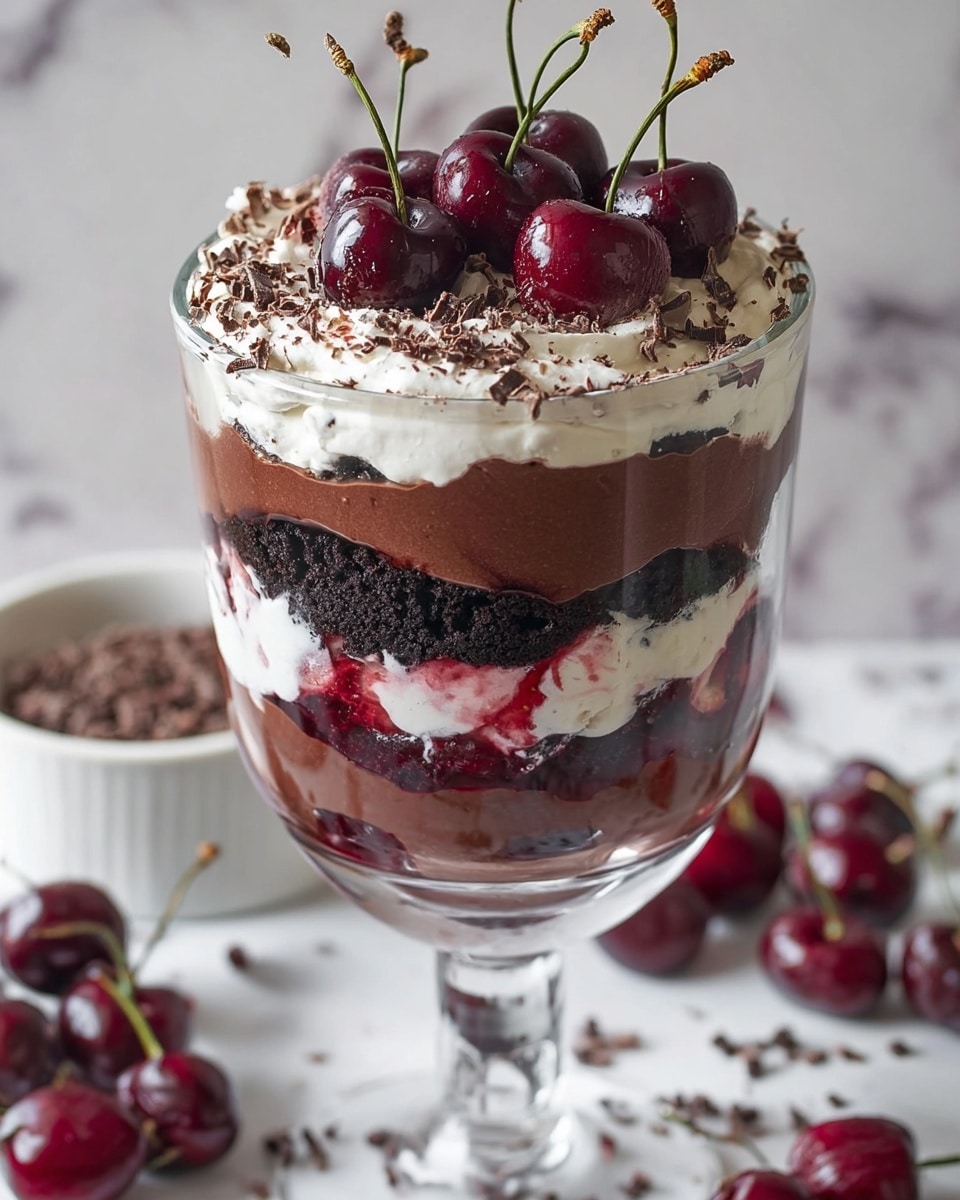 A tall glass dessert with multiple layers is shown, starting from the bottom with a dark crumbly chocolate layer, followed by a thick smooth chocolate pudding layer. Above that is a white cream layer with bits of red cherry sauce mixed in, then another chocolate pudding layer with some cherry sauce layered over it. The top layer is a thick white whipped cream spread unevenly, sprinkled with small dark chocolate shavings. On the very top, there are several shiny dark red cherries with green stems placed closely together. The dessert is in a clear glass bowl on a white marbled surface with some loose cherries and a small white bowl of chocolate shavings nearby. photo taken with an iphone --ar 4:5 --v 7