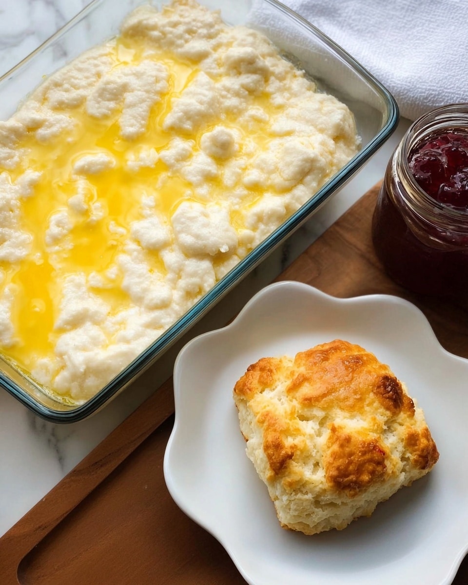 On the left, there is a clear glass baking dish filled with a pale, lumpy dough mixture soaked with melted yellow butter on top, placed on a white marbled surface. On the right, a single golden-brown biscuit with a rough, crispy top and a soft, light interior sits on a white, wavy-edged plate, with a jar of raspberry jam and a white cloth slightly blurred in the background on a wooden surface. The golden biscuit shows a contrast between the crusty top layer and the fluffy inside, positioned in the center of the plate. Photo taken with an iphone --ar 4:5 --v 7