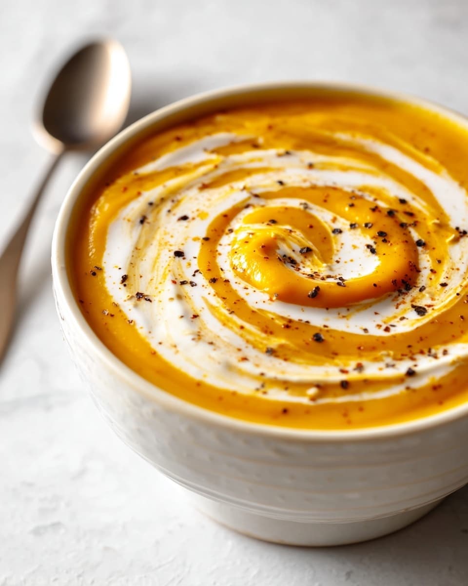 A white bowl holds a creamy orange soup with a thick texture, topped with a white cream swirl that circles from the center outward, mixed lightly into the soup. Black pepper flakes are scattered evenly over the top, adding small dark specks. The bowl rests on a white marbled surface, with a blurred spoon partly visible to the side. The lighting highlights the smooth surface of the soup and the pattern in the bowl’s design photo taken with an iphone --ar 4:5 --v 7
