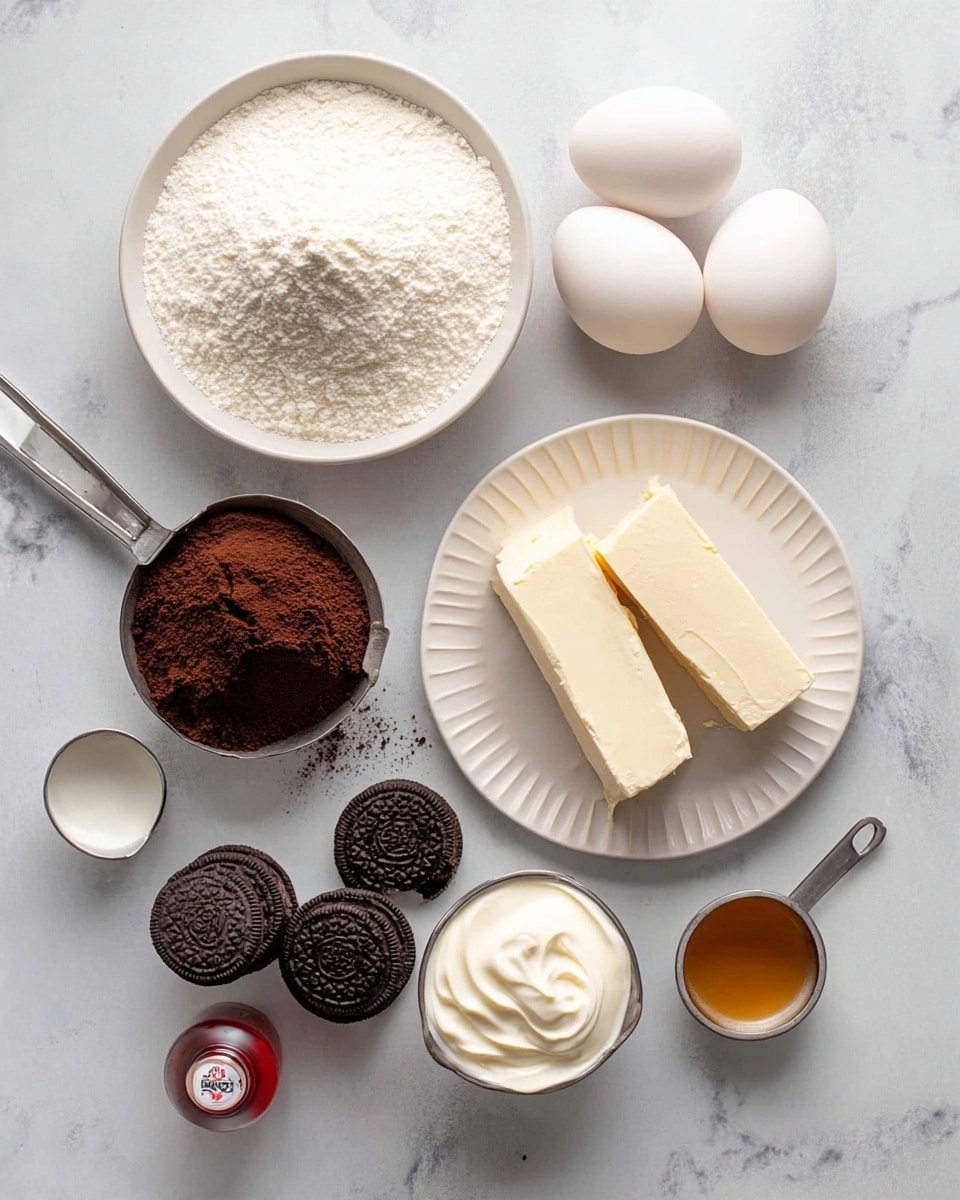 The image shows several baking ingredients arranged on a white marbled surface. In the center right, there is a white ridged plate with two blocks of cream cheese, one partially sliced to show its creamy texture. Above the plate are four white eggs placed closely together. To the left, a large white bowl is filled with granulated sugar, and two Oreo cookies lie nearby. Below the sugar bowl, there is a small metal measuring cup filled with cocoa powder and another metal measuring cup holding thick sour cream. Near the bottom center, a small dark bottle with a red cap lies horizontal on the surface, next to three Oreo cookies stacked next to each other. Above the eggs, a small white bowl contains a golden-brown liquid, likely vanilla or syrup, completing this neat ingredient layout. photo taken with an iphone --ar 4:5 --v 7