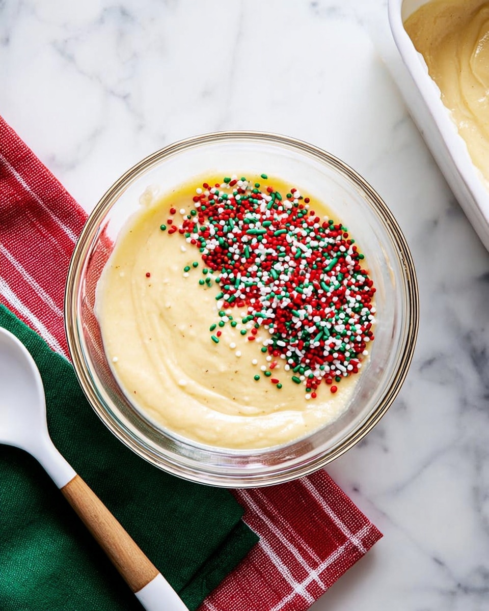 The image shows a clear glass bowl with a thick light yellow batter inside. On top of the batter, there is a pile of red, green, and white sprinkles mainly on the right side, forming a half-circle. The bowl sits on a white marbled surface. On the left side of the frame, there is a white spoon with a wooden handle resting on a green cloth and a red and white striped cloth. In the top right corner, there is a white rectangular container with pale batter inside. photo taken with an iphone --ar 4:5 --v 7