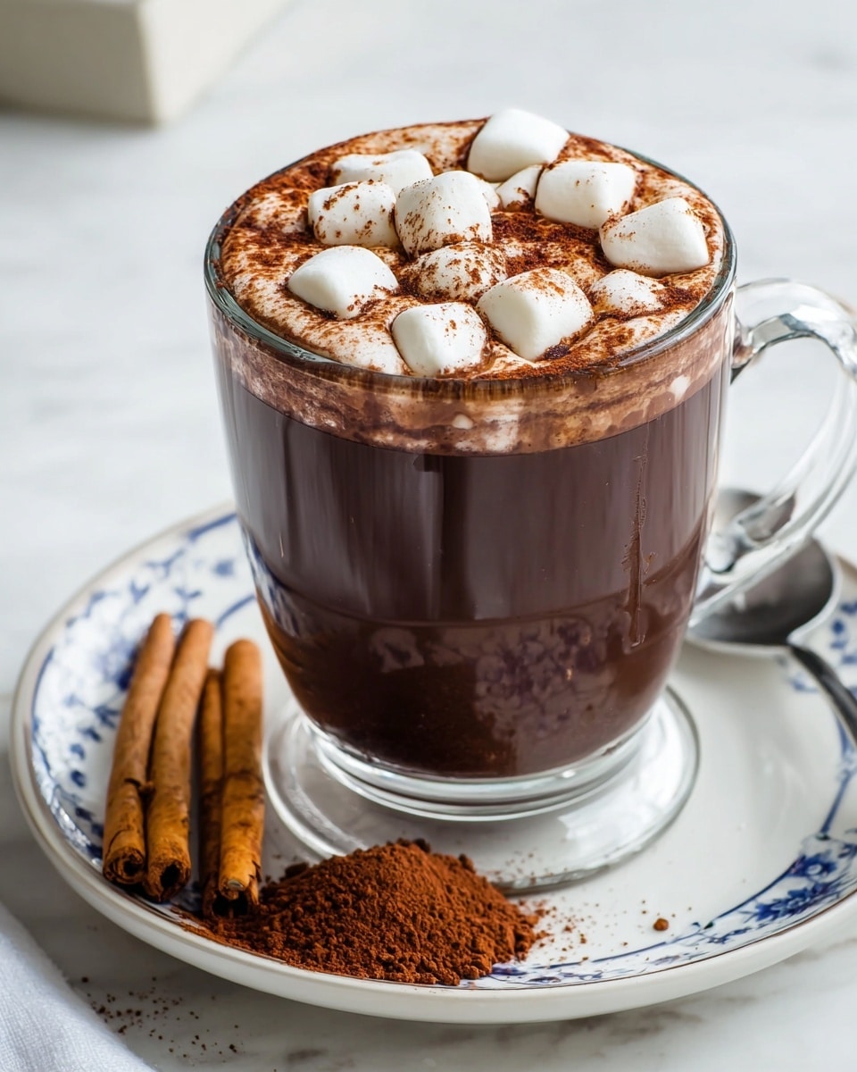A clear glass cup filled with dark brown hot chocolate topped with small white marshmallows and a sprinkle of cocoa powder on top. The cup is placed on a white plate with blue designs on the edge, which sits on a white marbled surface. Next to the cup on the plate is a small pile of cocoa powder and two cinnamon sticks. The background is softly blurred. Photo taken with an iphone --ar 4:5 --v 7