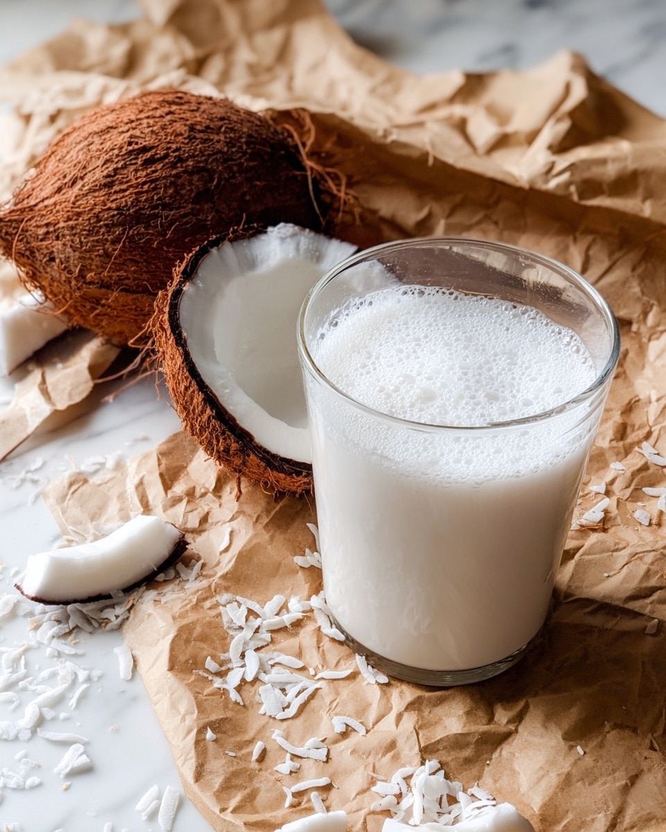 A clear glass filled almost to the top with white coconut milk, showing some foam and tiny bubbles on the surface, is placed on crumpled brown paper. To the left of the glass are two brown coconut shells, one lying on its side with white coconut flesh visible inside and the other standing upright. Small white coconut flakes are scattered around the glass and on the brown paper, all set on a white marbled surface. photo taken with an iphone --ar 4:5 --v 7