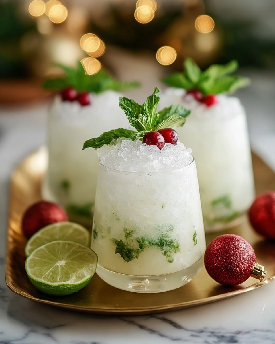 Three clear glasses filled with a frosty white drink sit on a curved golden tray. Each glass has two layers: a bottom layer of smooth, pale white liquid mixed with bits of green mint leaves and a top layer of crushed ice all white and slightly frothy. On top of the ice, there is a fresh green mint sprig and two small bright red berries in each glass. The foreground shows two lime halves with pale green and white sections resting on the white marbled surface. A few shiny red Christmas ornaments are placed near the lime halves. In the background, there are blurry golden yellow lights that add a warm glow. The photo is taken with an iphone --ar 4:5 --v 7