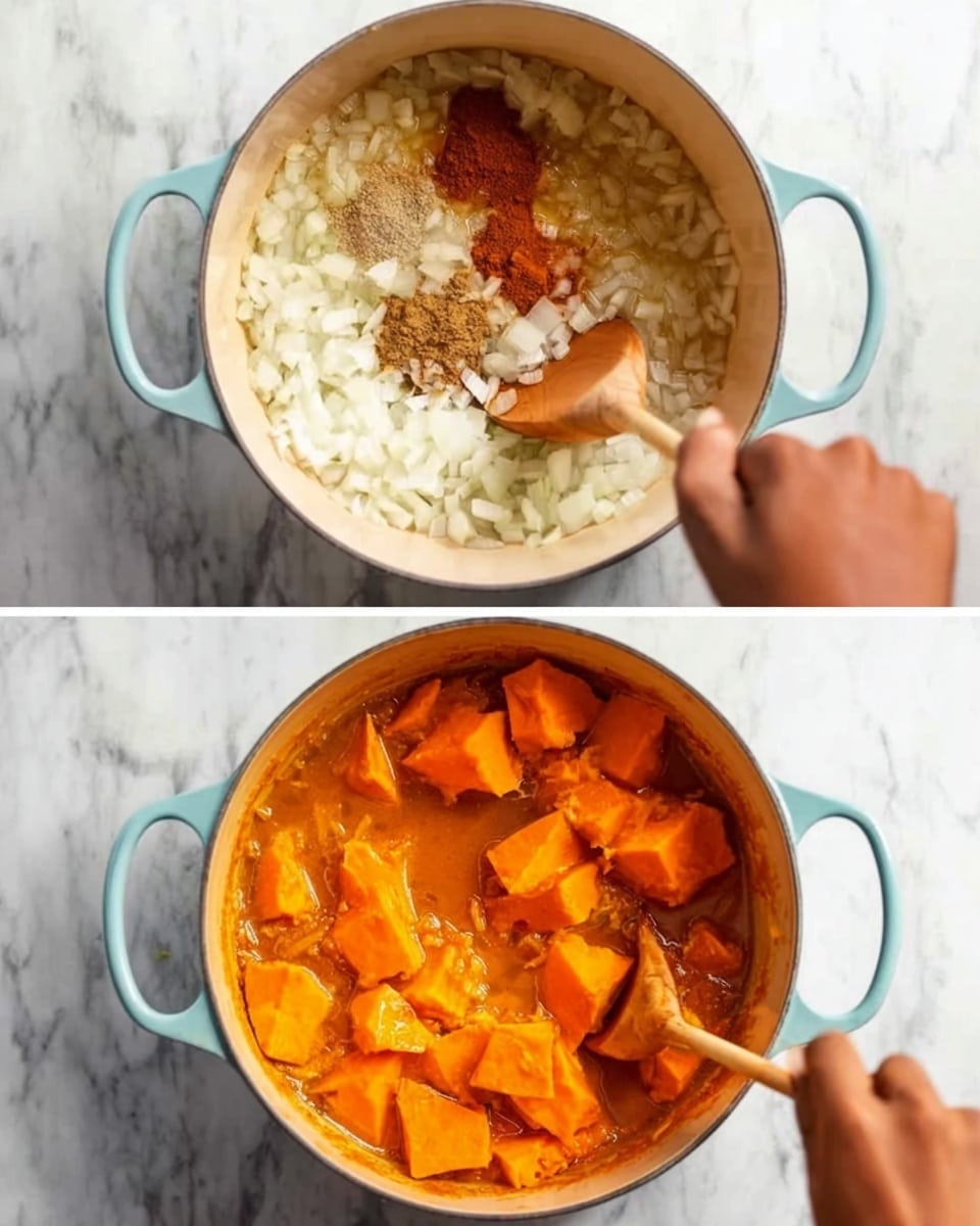A light blue pot sits on a white marbled surface. In the first view from above, finely chopped onions fill the bottom of the pot, along with small mounds of brown spices, and a woman's hand stirs the mixture using a wooden spoon. The second image shows the same pot filled with large, bright orange chunks of sweet potato in a liquid broth, with a woman's hand continuing to stir with the wooden spoon. The background is a clean white marbled texture, with the pot handles visible on both sides. Photo taken with an iphone --ar 4:5 --v 7