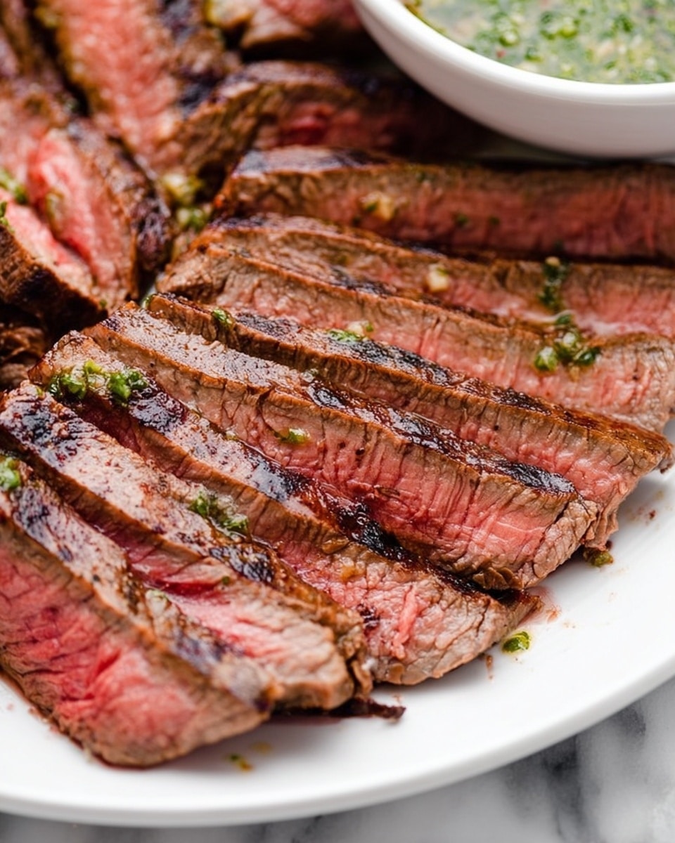 A white plate holds thin slices of medium-rare steak arranged in a fanned pattern, showing layers of pinkish-red inside with a browned, slightly charred outer edge. The steak has visible grill marks and some coarse seasoning scattered on top. In the upper right corner, part of a white bowl with green herb sauce is visible, adding a splash of green color next to the steak. The background is a white marbled surface. Photo taken with an iphone --ar 4:5 --v 7
