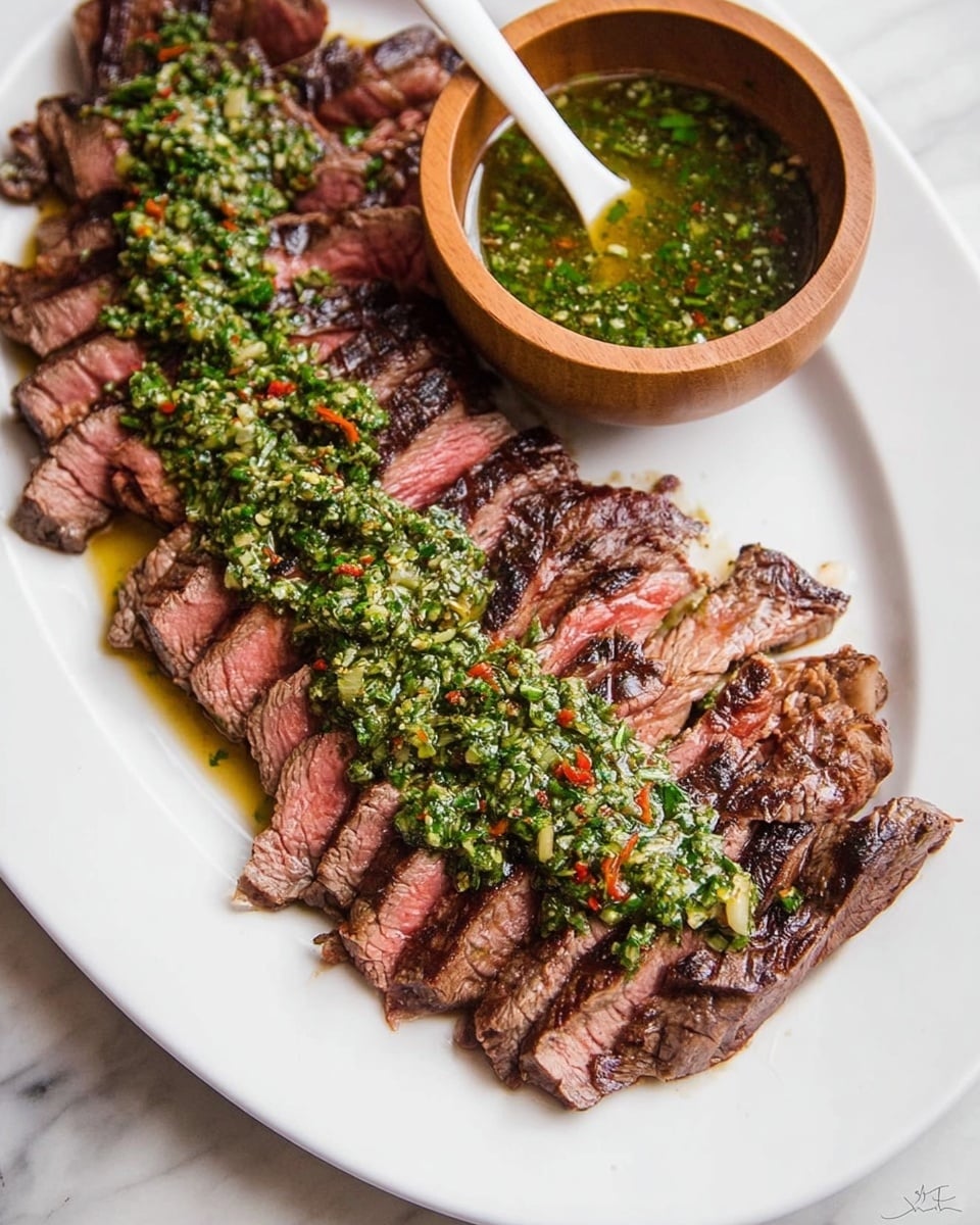A white plate holds a row of sliced grilled steak with a pink center and brown edges, arranged in a neat line. The steak slices have a slightly charred texture on the outside and tender reddish-pink meat inside. On top of the steak, there is a thick green chimichurri sauce with small bits of herbs and red chili flakes, spreading from one end to the other in a strip. Next to the steak on the plate is a small wooden bowl filled with more green chimichurri sauce, with a white spoon resting inside. The background is a white marbled surface. Photo taken with an iphone --ar 4:5 --v 7