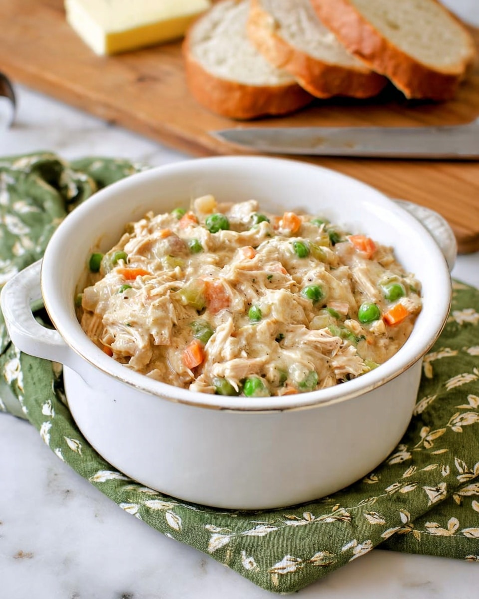 The image shows a white pot filled with a creamy mixed vegetable and shredded meat stew. The dish includes layers of small green peas, soft orange carrot pieces, and light-colored shredded meat, all covered in a thick, light beige sauce. The textures appear soft and moist, with the vegetables and meat evenly mixed throughout. The pot sits on a green cloth with white patterns, placed on a white marbled surface. In the background, there is a wooden cutting board with a knife, two slices of bread, and some butter, slightly out of focus. Photo taken with an iphone --ar 4:5 --v 7