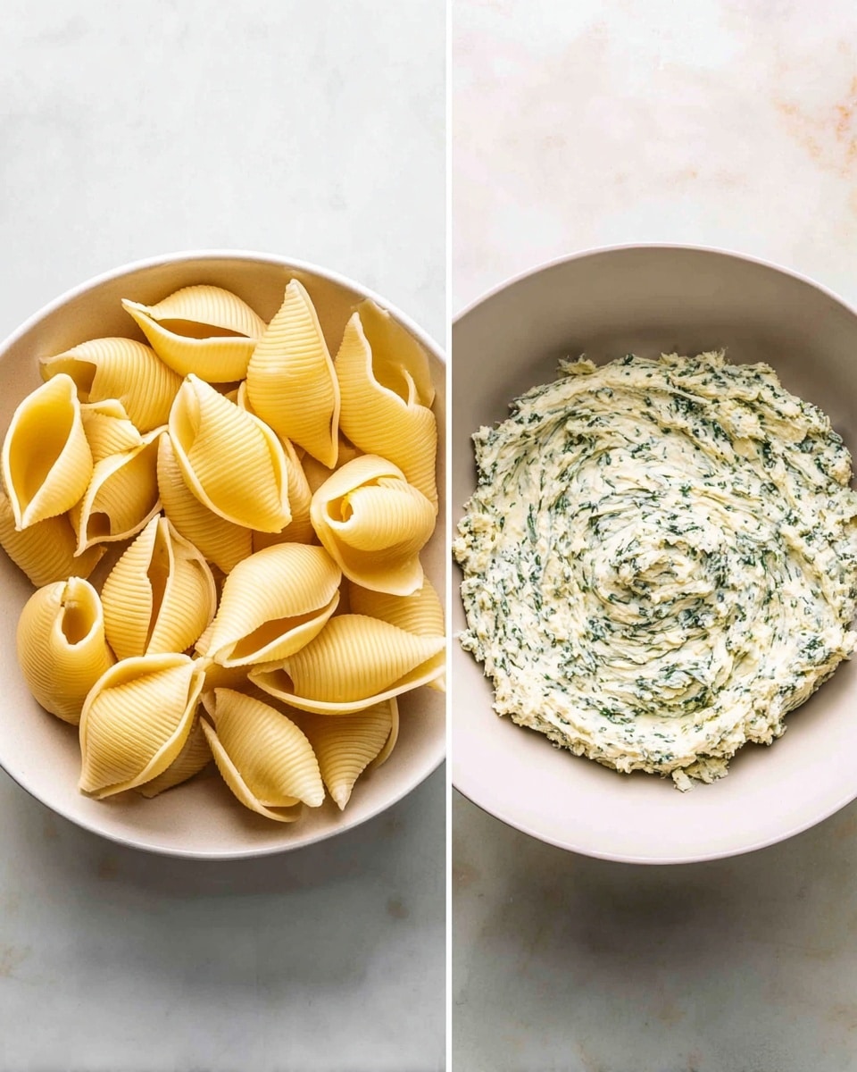 The image on the left shows a white bowl filled with large uncooked pasta shells that are smooth with a slight ridged texture, layered closely together and showing a light yellow color. The image on the right shows a white bowl with a creamy mixture inside, which is thick and textured with small green leafy bits spread evenly throughout, giving it a speckled look. The bowls are set on a white marbled surface. photo taken with an iphone --ar 4:5 --v 7