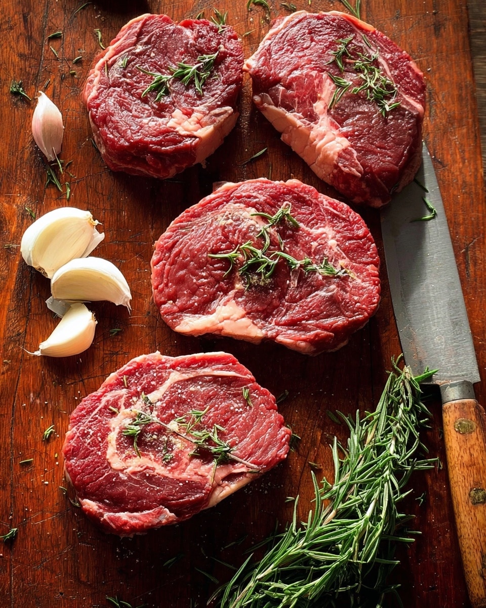 The image shows four raw beef steaks placed on a wooden board. Each steak has a thick layer of red meat with streaks of white fat marbled through it, and they are sprinkled with green rosemary leaves on top. There are three peeled garlic cloves resting near the bottom left corner of the board, and a small bunch of fresh rosemary with green needle-like leaves is placed on the right side. A large knife with a shiny blade and wooden handle lies partially on the board next to one of the steaks. The wooden board has a rich brown color with some rosemary pieces scattered around. photo taken with an iphone --ar 4:5 --v 7