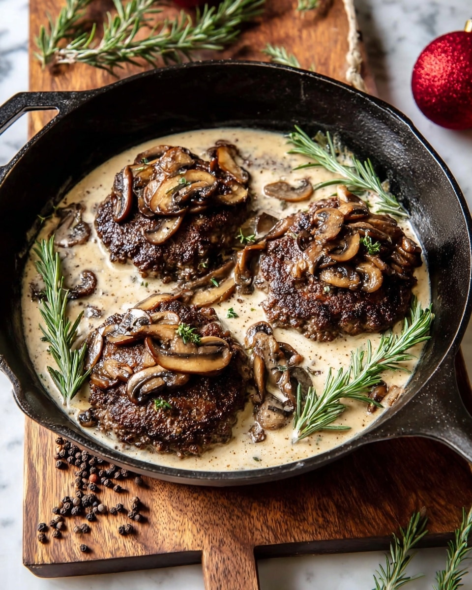A black cast iron skillet holds three dark brown cooked patties, each topped with lightly browned sliced mushrooms. The patties sit in a creamy, pale beige sauce that fills the skillet. Sprigs of fresh green rosemary are placed around and on top of the patties for garnish. The skillet is positioned on a wooden board with peppercorns and rosemary sprigs scattered nearby, and a red Christmas ornament rests at the corner. The surface under the board is a white marbled texture. Photo taken with an iphone --ar 4:5 --v 7