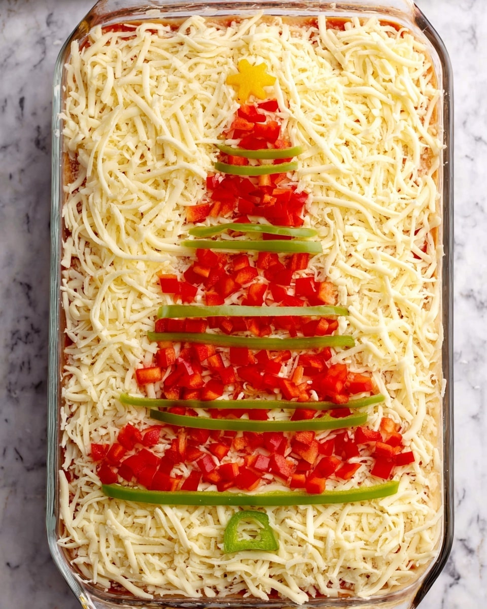 A rectangular glass dish filled with a layer of shredded pale yellow cheese covering the top almost fully, with a Christmas tree shape in the center made of small diced red bell peppers forming the main body and layered with horizontal strips of green bell pepper for the branches, all placed on a white marbled surface photo taken with an iphone --ar 4:5 --v 7