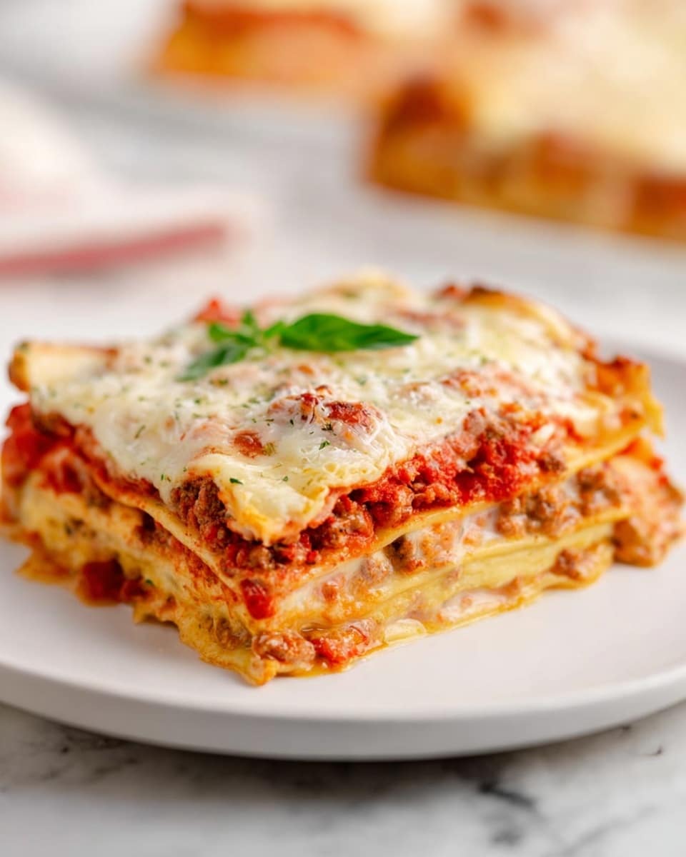 The image shows a square piece of lasagna on a white plate placed on a white marbled surface. The lasagna has visible layers: the bottom layer is pale yellow pasta, followed by a thick layer of red tomato sauce mixed with chunks of ground meat, then a light-colored layer of cheese and sauce, another layer of pasta, more tomato sauce with meat, then a creamy white cheese sauce layer on top with melted cheese browned slightly in places. A small green leaf garnish sits on the top center of the lasagna. The background is softly blurred with hints of more lasagna slices. Photo taken with an iphone --ar 4:5 --v 7